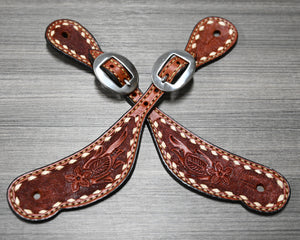 Ladies Tooled Spur Strap with Buckstitching (382-AB)