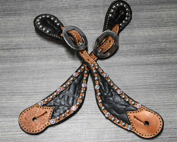 Ladies Spur Straps with Silver Dots, Gems, and Black Gator (382-JGA)
